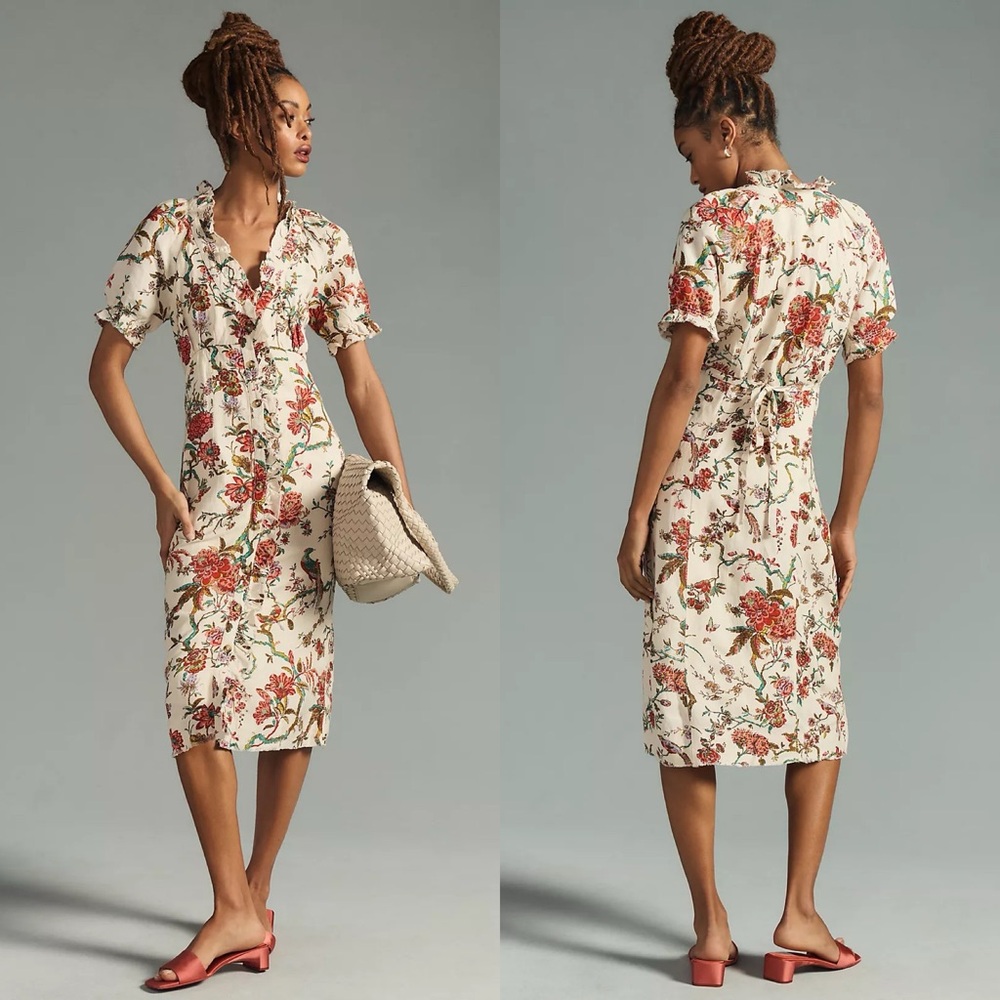 Pilcro by Anthropologie Floral Dress Beige Multi Ruffle Collar Button Lined